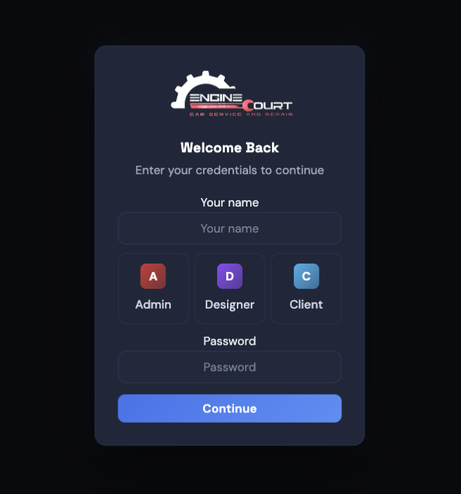 Engine Court dashboard login with Admin, Designer and Client roles