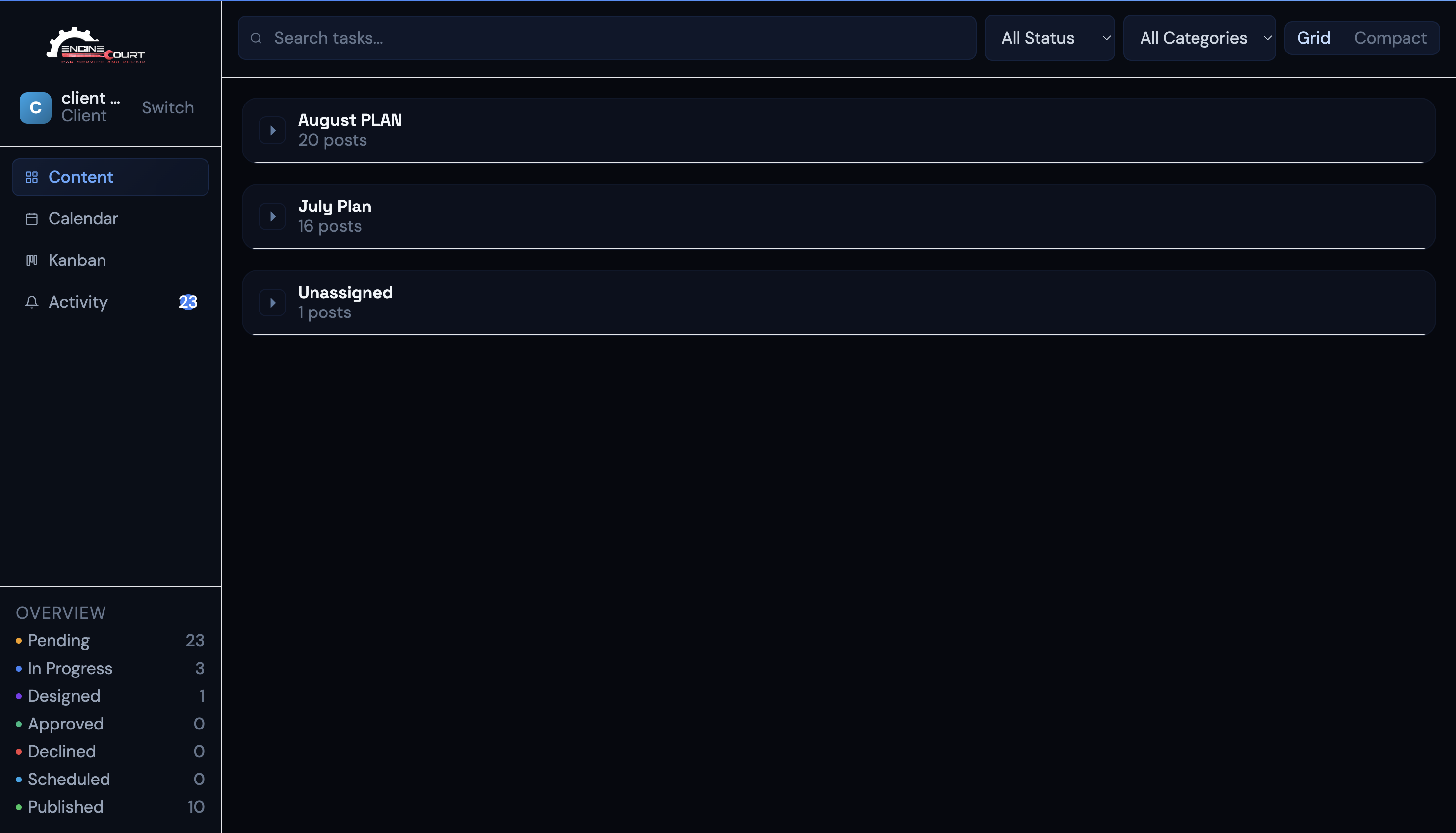 Engine Court content workflow dashboard showing monthly plans