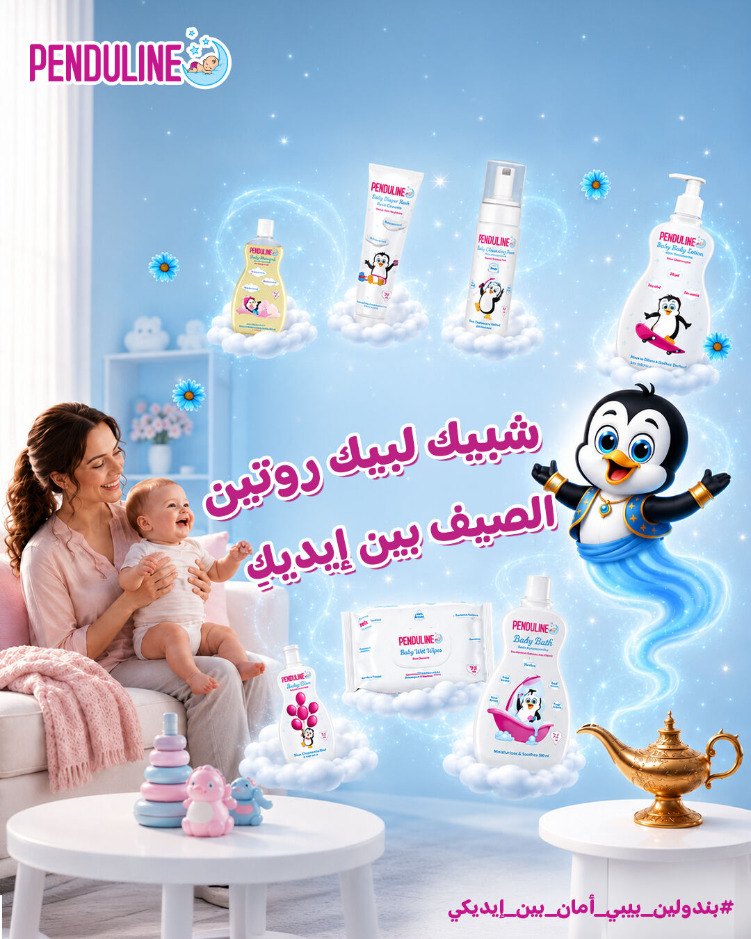 Peno as a blue genie surrounded by the product range